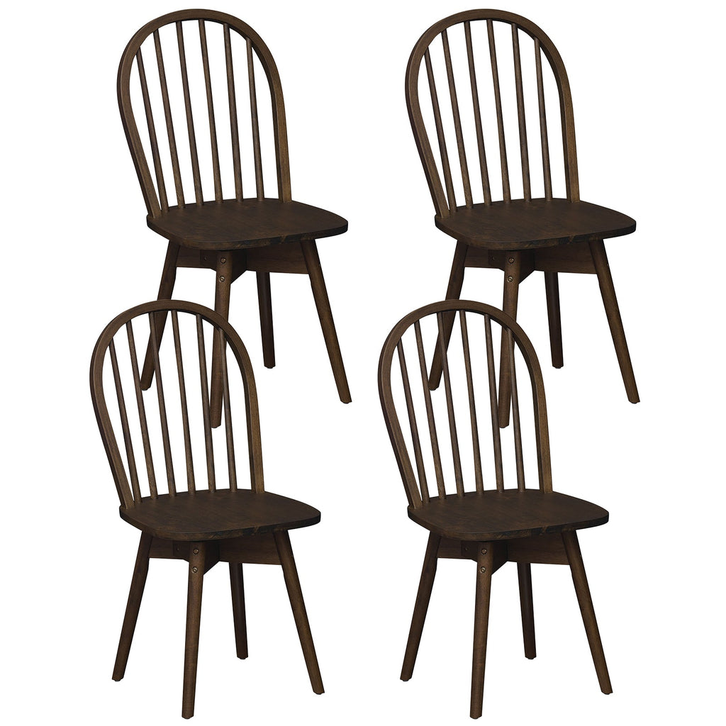 Set of 4 Swivel Windsor Dining Chairs with Spindle Back, Walnut Rubber Wood