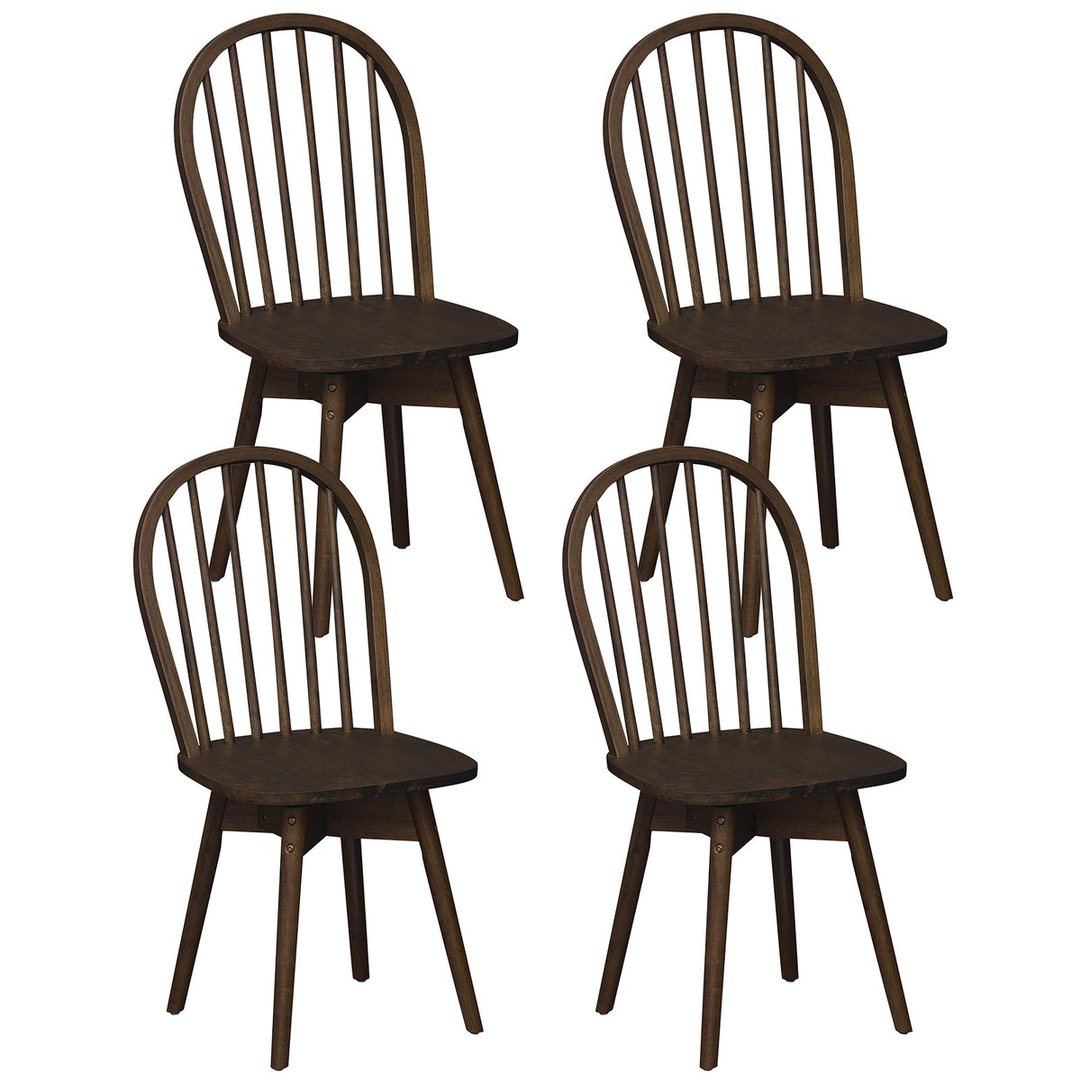 Set of 4 Swivel Windsor Dining Chairs with Spindle Back, Walnut Rubber Wood