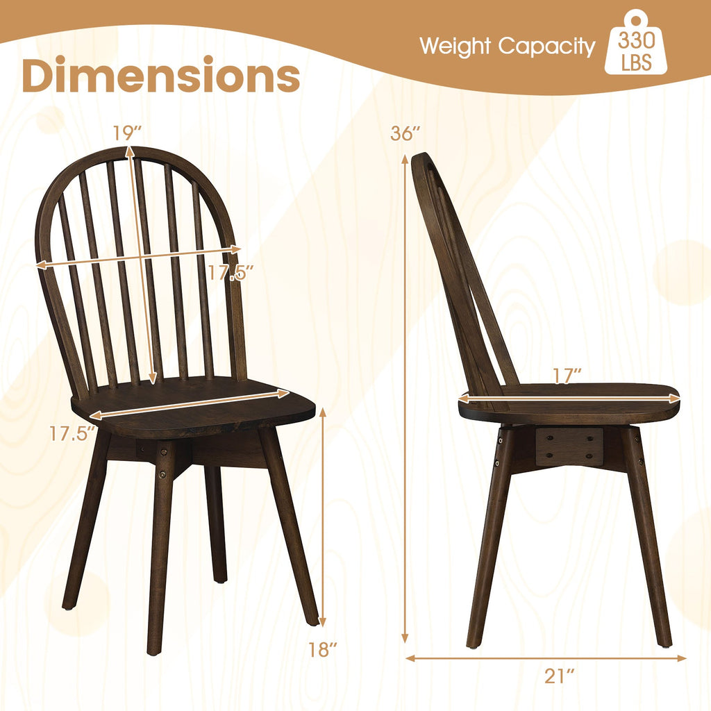 Set of 4 Swivel Windsor Dining Chairs with Spindle Back, Walnut Rubber Wood