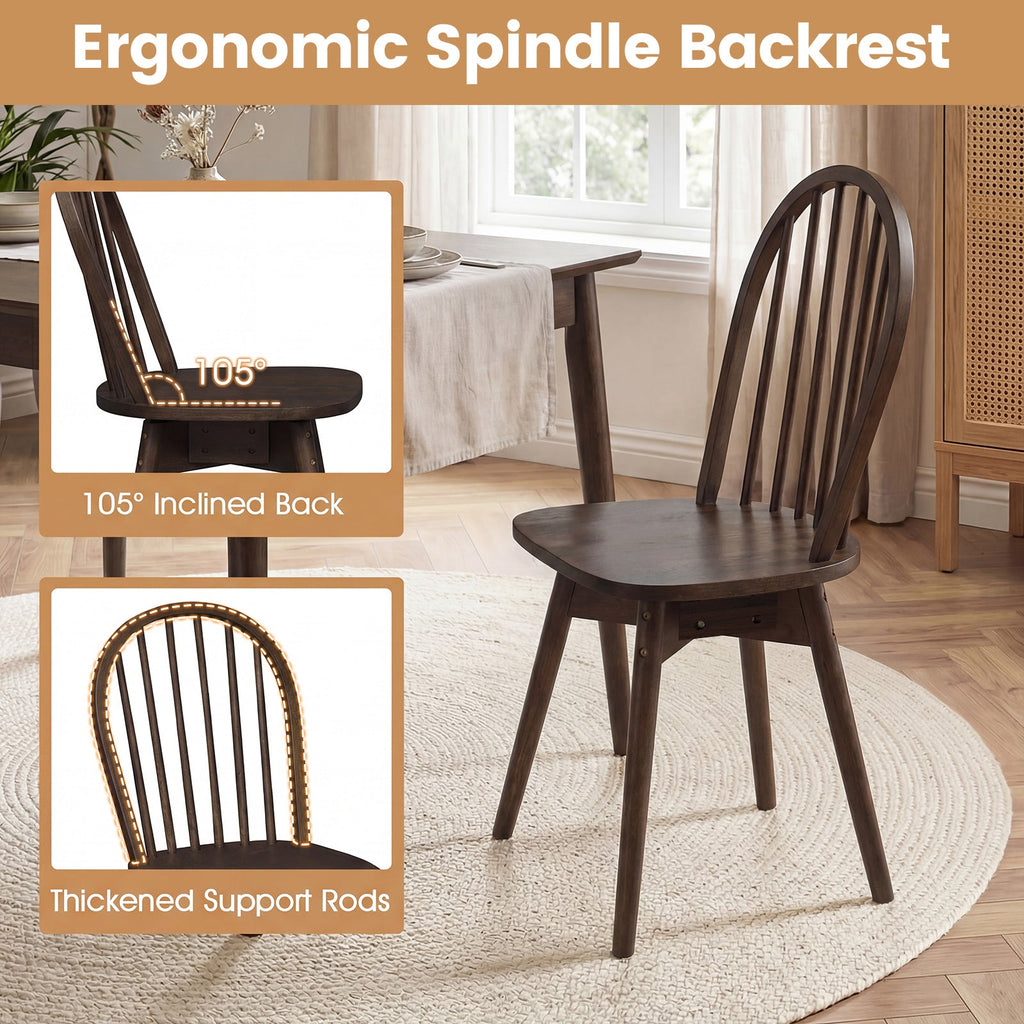 Set of 4 Swivel Windsor Dining Chairs with Spindle Back, Walnut Rubber Wood