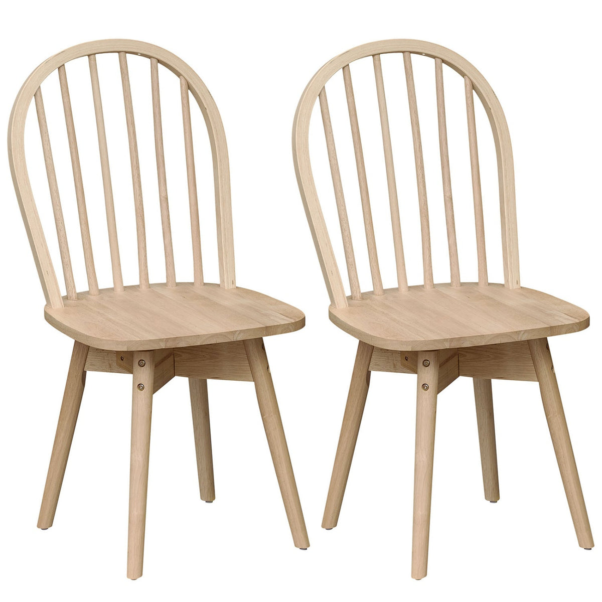 Set of 2 Swivel Windsor Dining Chairs with Spindle Back, Natural Rubber Wood