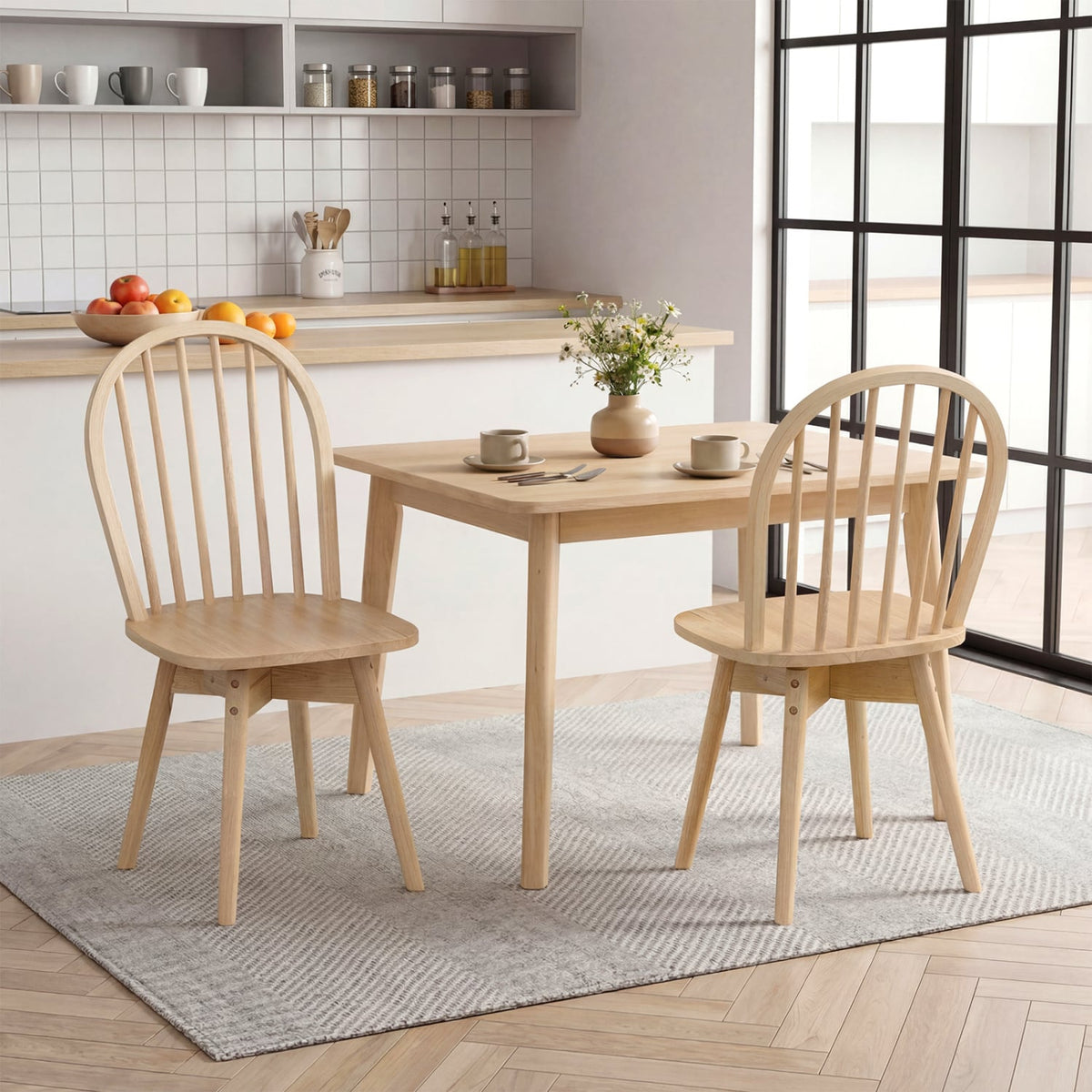 Set of 2 Swivel Windsor Dining Chairs with Spindle Back, Natural Rubber Wood