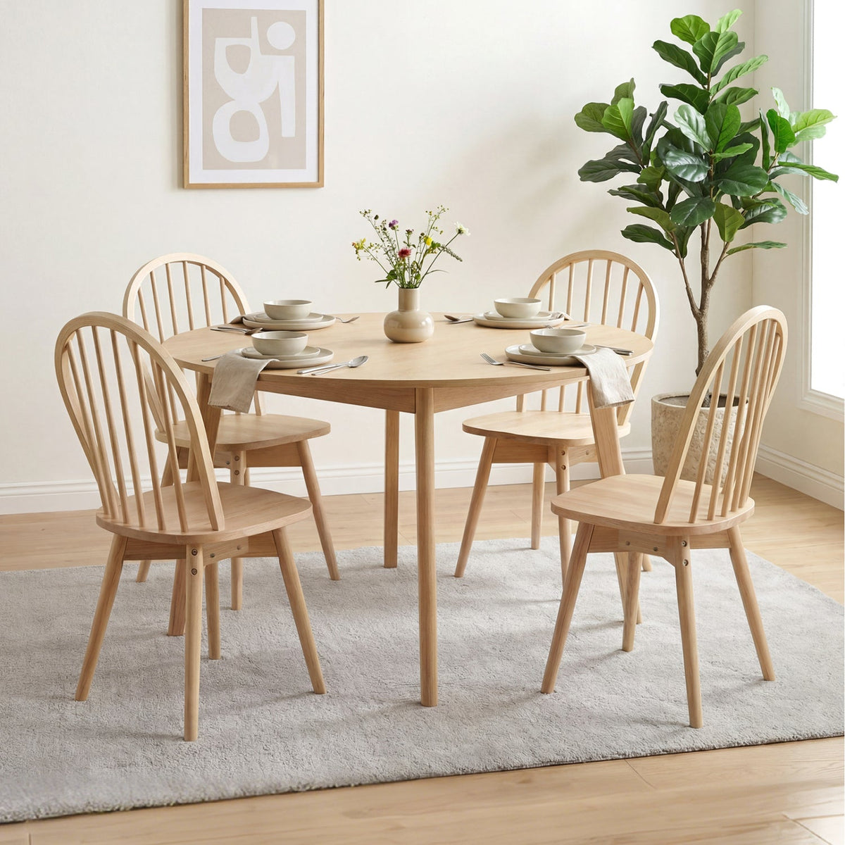 Set of 2 Swivel Windsor Dining Chairs with Spindle Back, Natural Rubber Wood