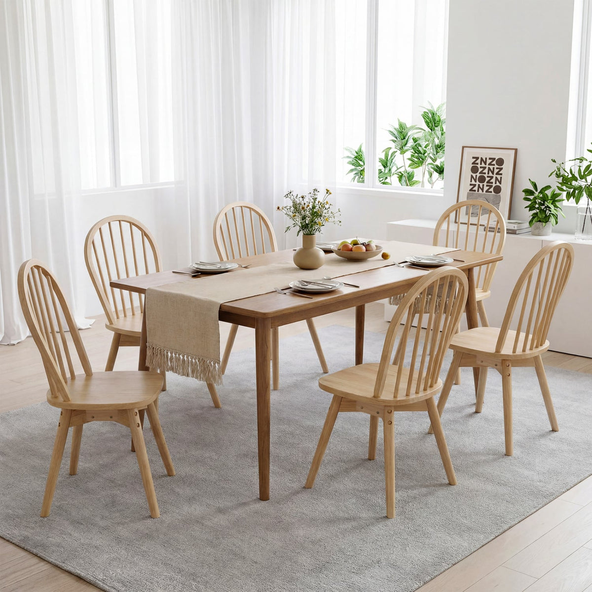 Set of 2 Swivel Windsor Dining Chairs with Spindle Back, Natural Rubber Wood