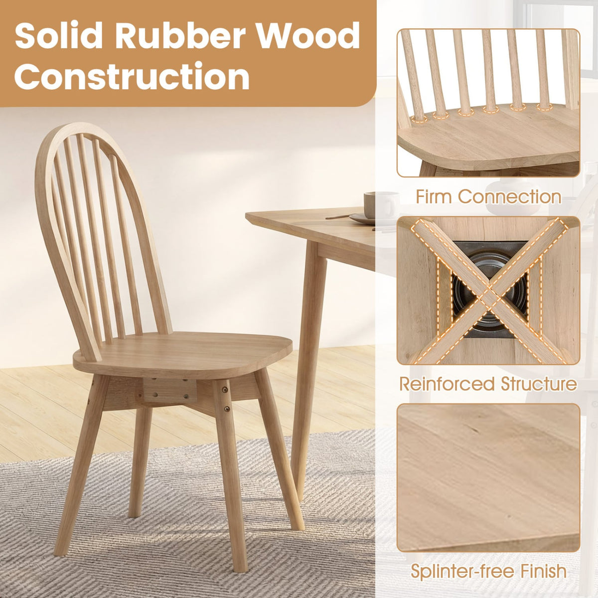 Set of 2 Swivel Windsor Dining Chairs with Spindle Back, Natural Rubber Wood