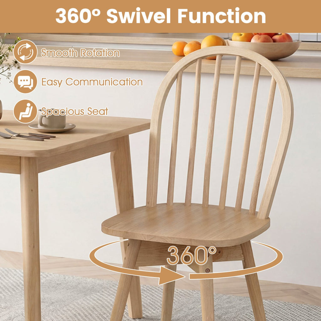 Set of 2 Swivel Windsor Dining Chairs with Spindle Back, Natural Rubber Wood