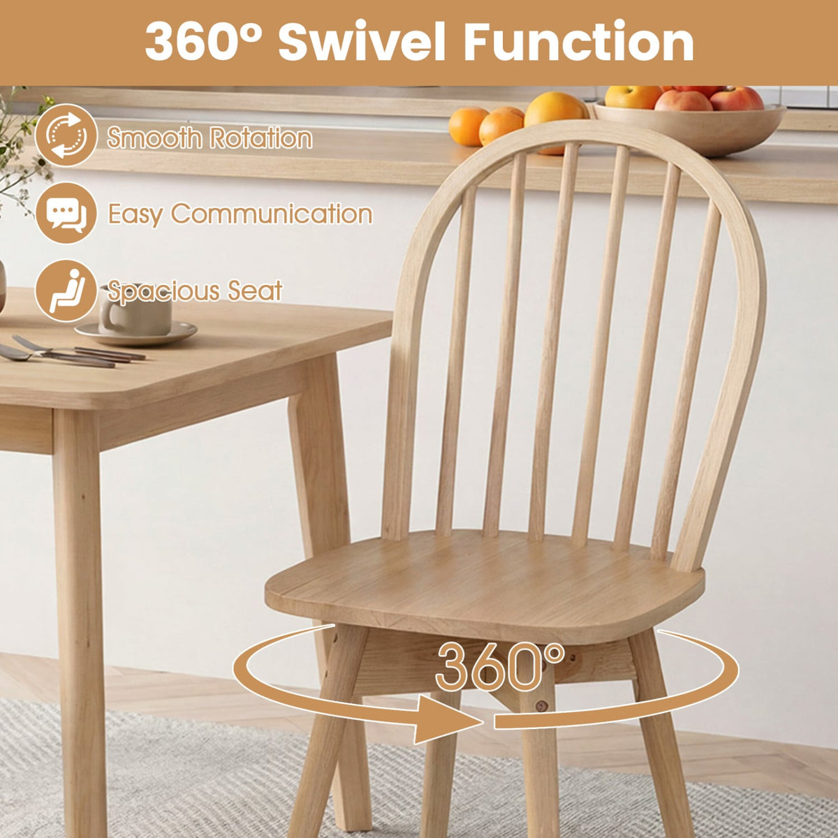 Set of 2 Swivel Windsor Dining Chairs with Spindle Back, Natural Rubber Wood
