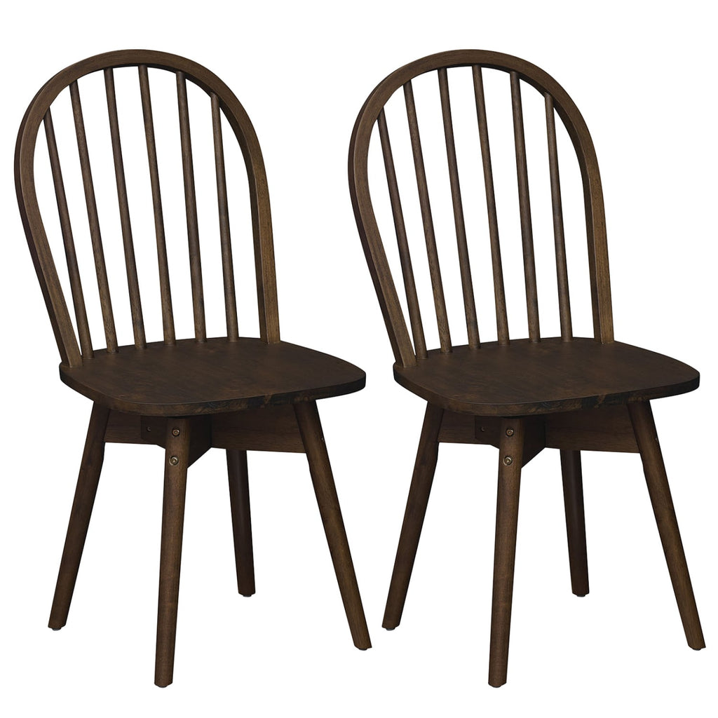 Set of 2 Swivel Windsor Dining Chairs with Spindle Back, Walnut Rubber Wood