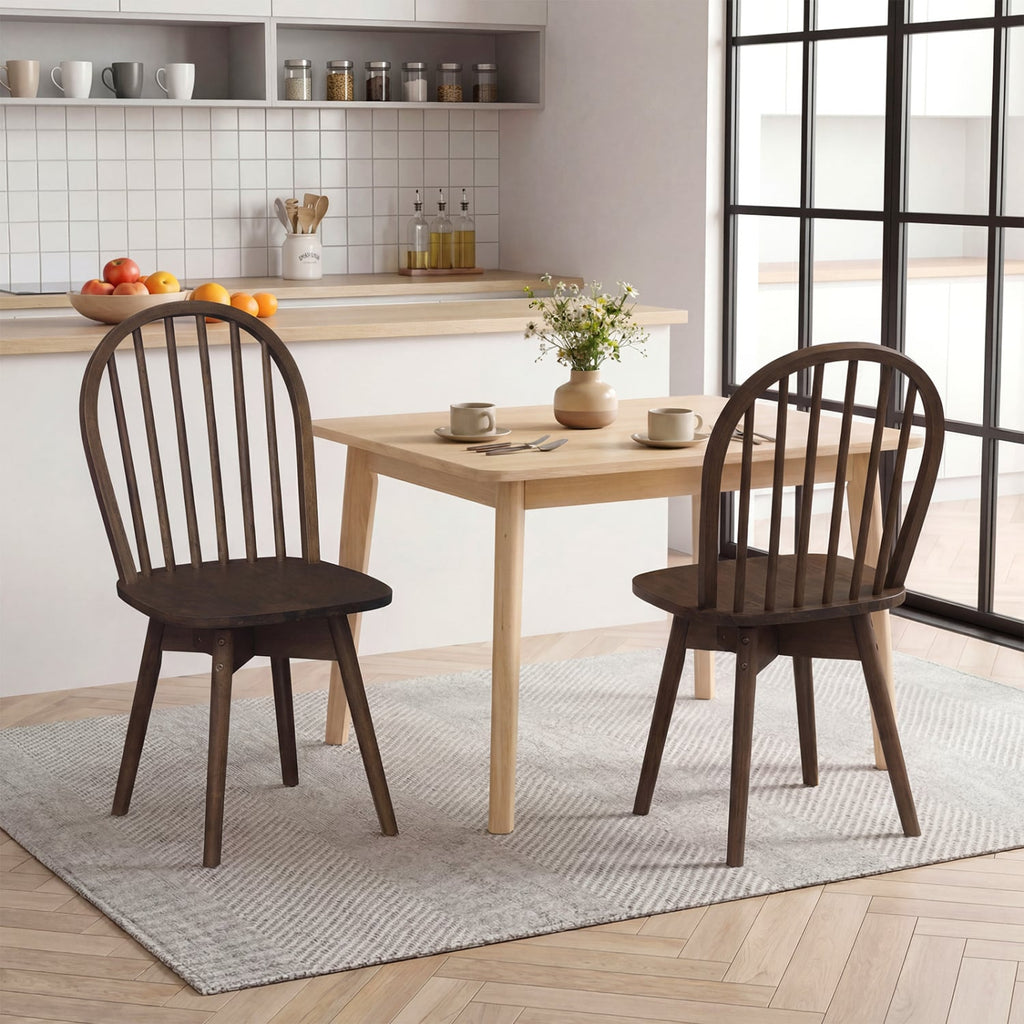 Set of 2 Swivel Windsor Dining Chairs with Spindle Back, Walnut Rubber Wood