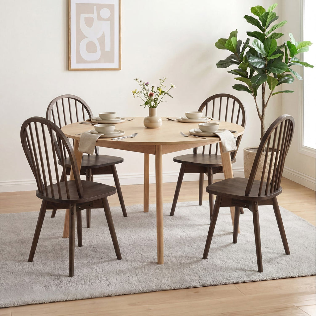Set of 2 Swivel Windsor Dining Chairs with Spindle Back, Walnut Rubber Wood
