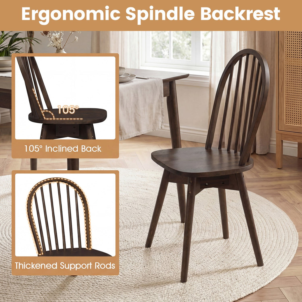 Set of 2 Swivel Windsor Dining Chairs with Spindle Back, Walnut Rubber Wood