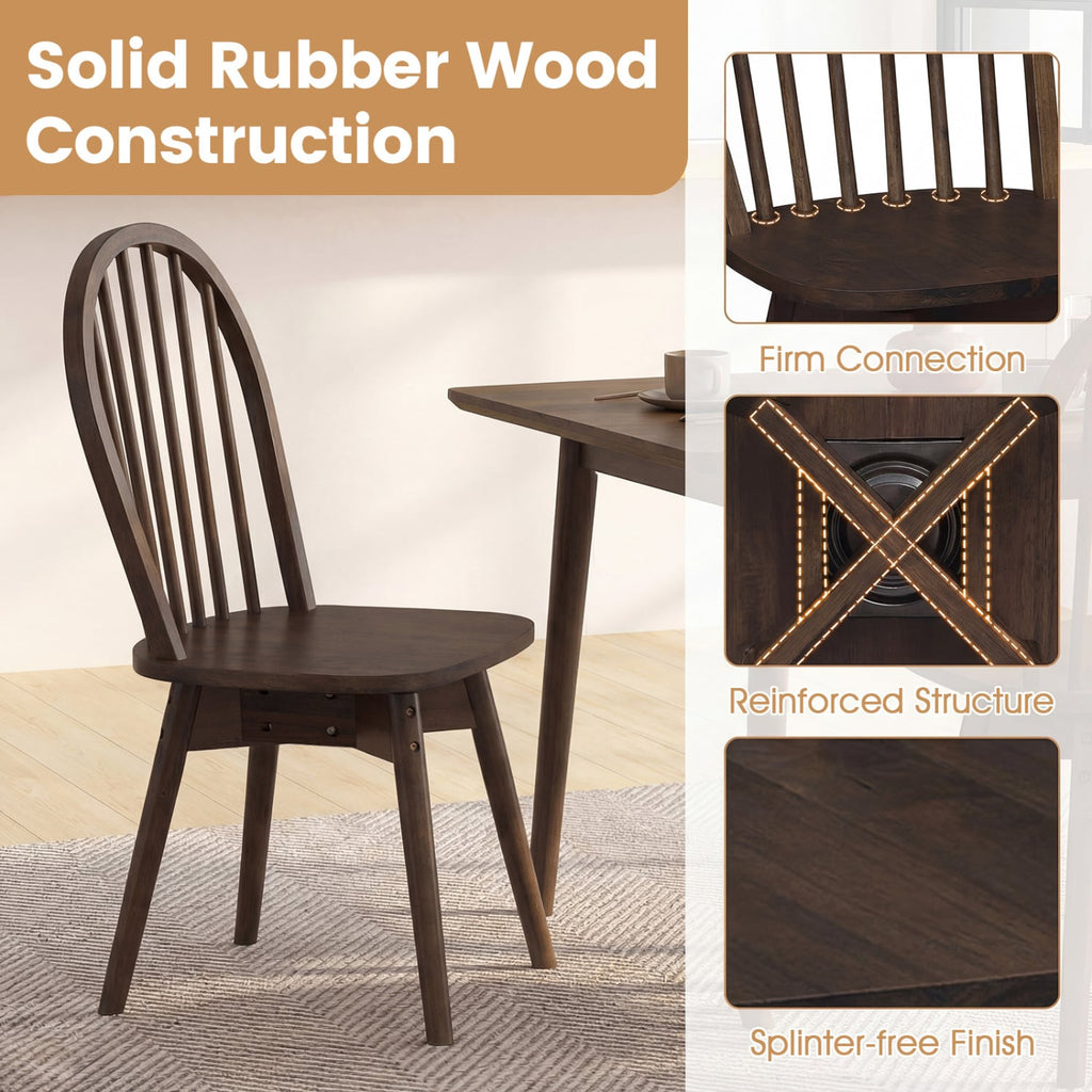Set of 2 Swivel Windsor Dining Chairs with Spindle Back, Walnut Rubber Wood