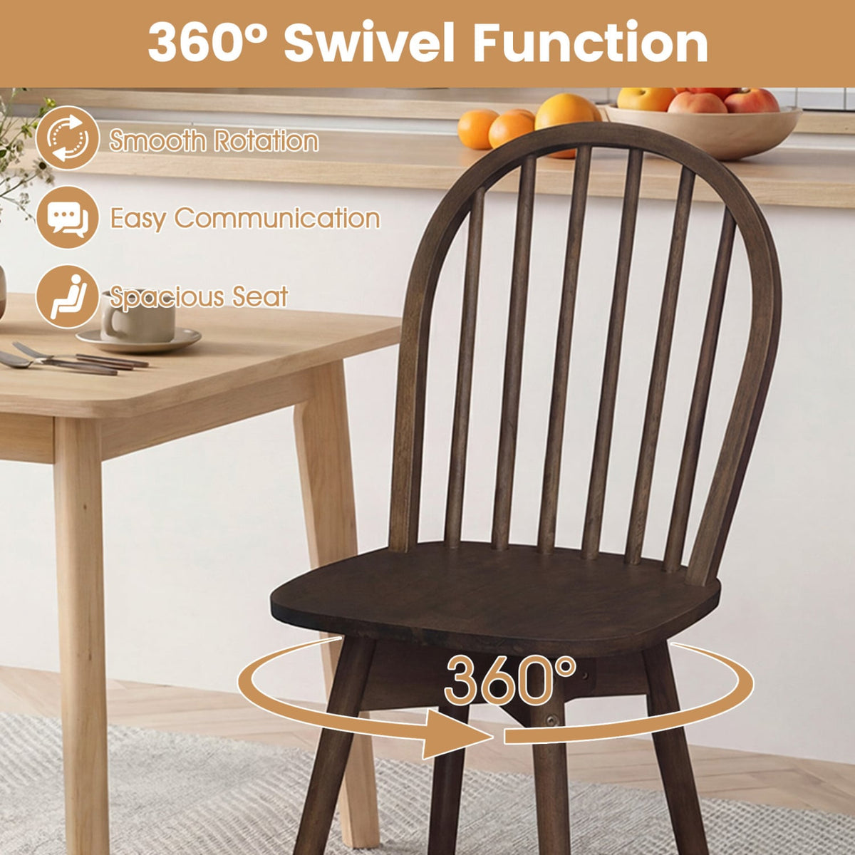 Set of 2 Swivel Windsor Dining Chairs with Spindle Back, Walnut Rubber Wood