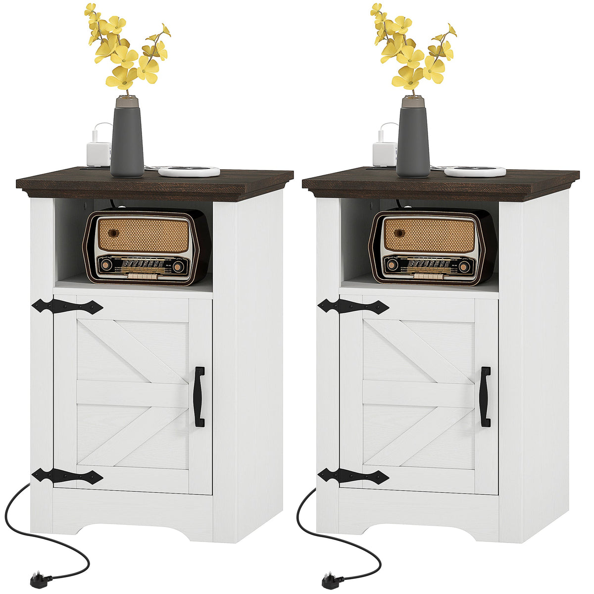 Set of 2 Side Tables, Night Stands with Charging Outlets, White