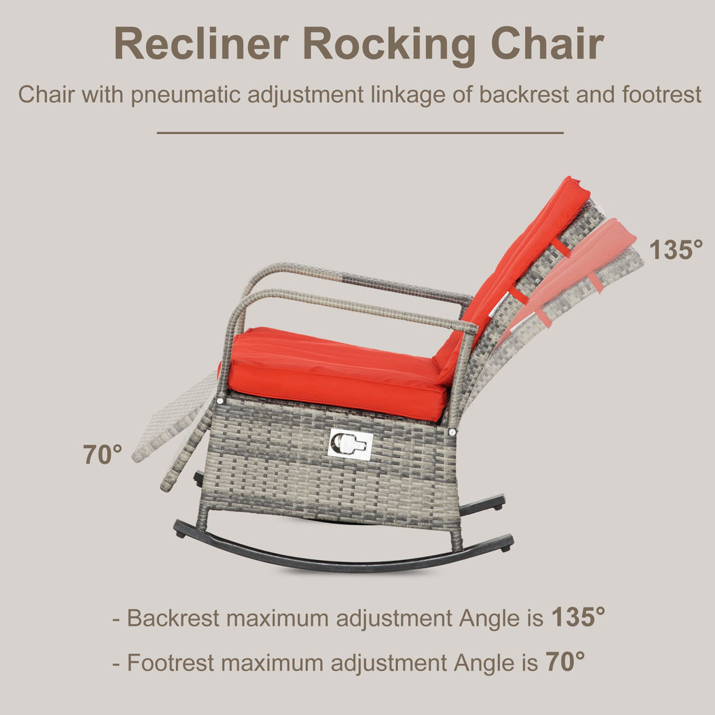 Outdoor Wicker Rocking Chair with Cushion, Patio PE Rattan Recliner Chair with Adjustable Footrest, Armrests, Dark Blue