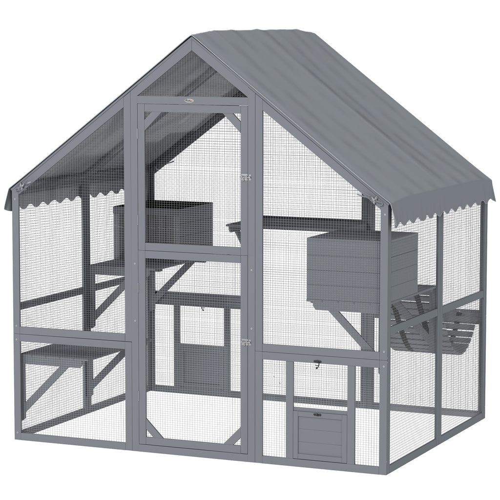 Large Catio Outdoor with Waterproof Cover, 2 Resting Boxes, 4 Platforms, Bridge, for 2-4 Kittens, Grey