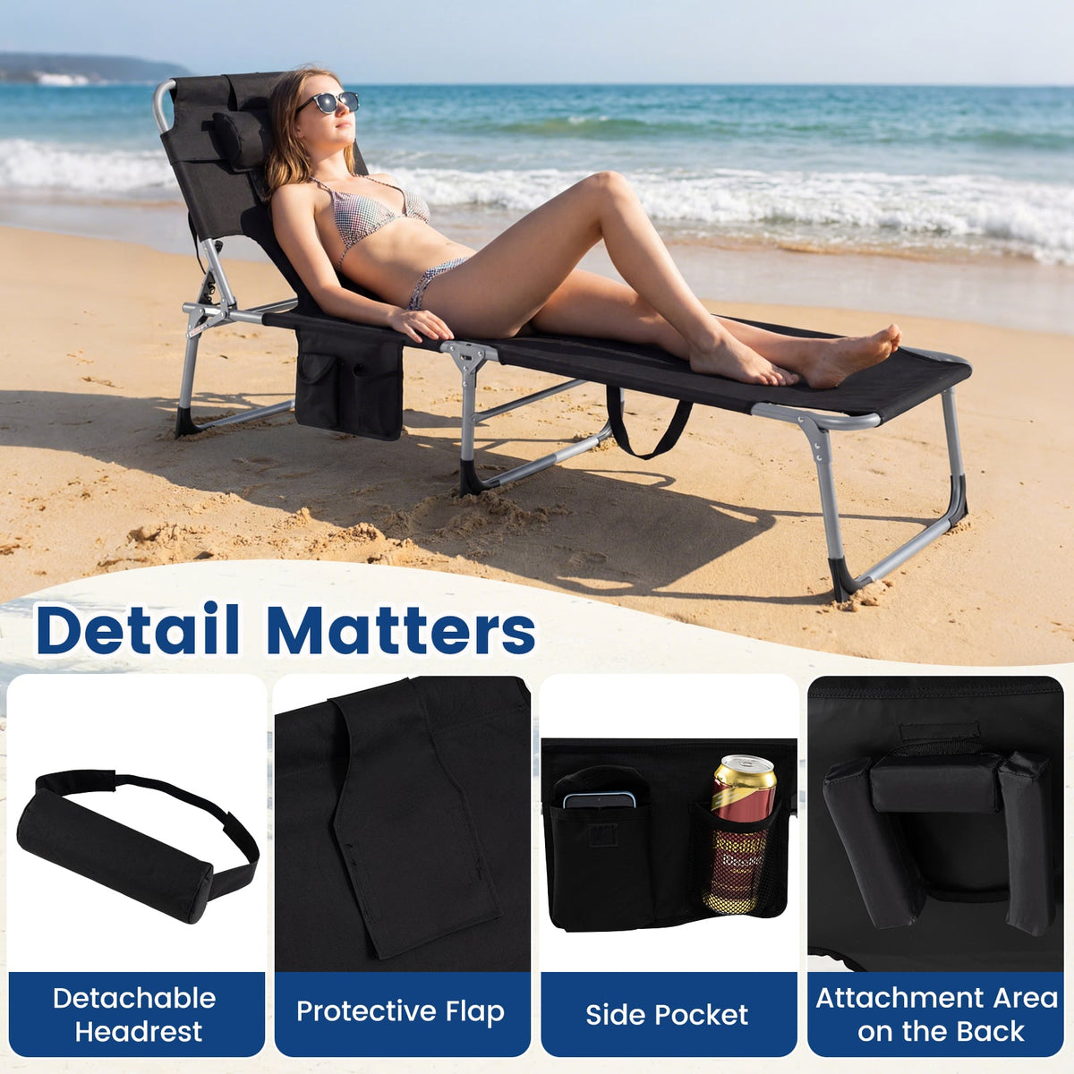 Folding Tanning Chair with 8 Lounging Positions and Face Hole, Black