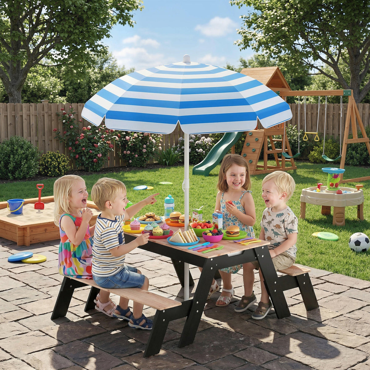 Kids Picnic Table with Umbrella, 3 in 1 Wooden Sand & Water Table with 2 Hidden Play Boxes for Patio, Ages 3-6