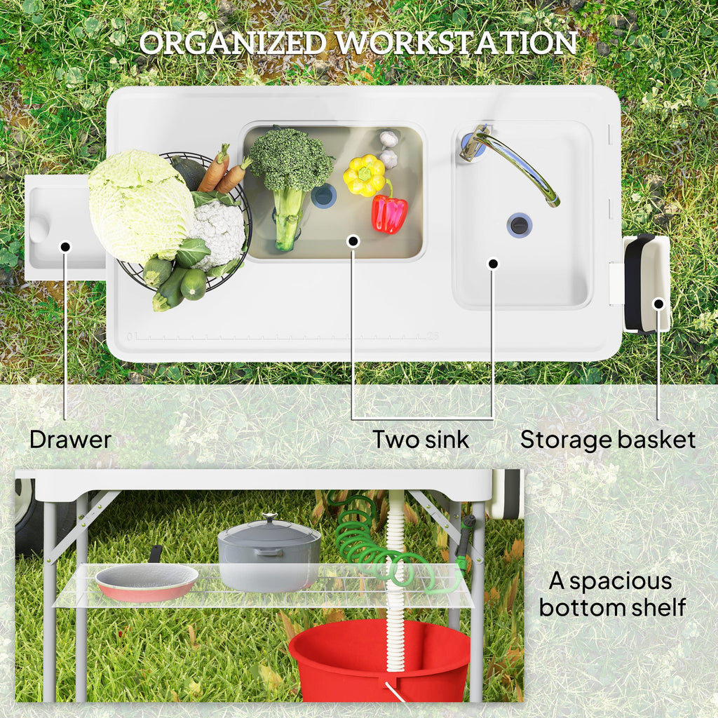 Folding Fish Cleaning Table with Sinks, Camping Sink with Faucet Drainage Hose Sprayer Shelf, Grey