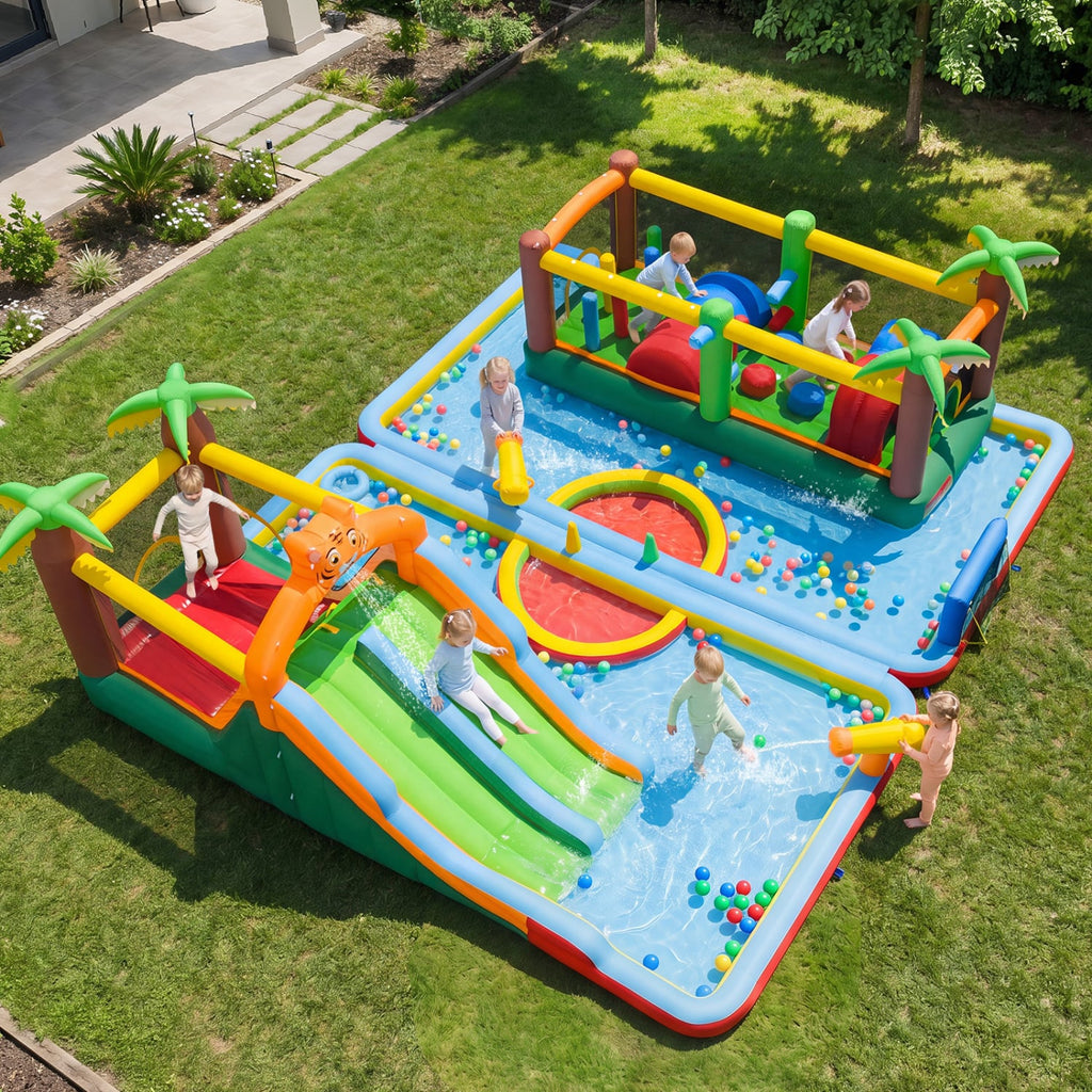 Tropical Two Unit Inflatable Water Park with Obstacle Course, Dual Slides and Two Blowers