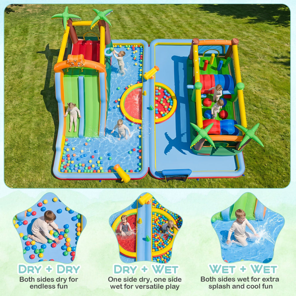 Tropical Two Unit Inflatable Water Park with Obstacle Course, Dual Slides and Two Blowers