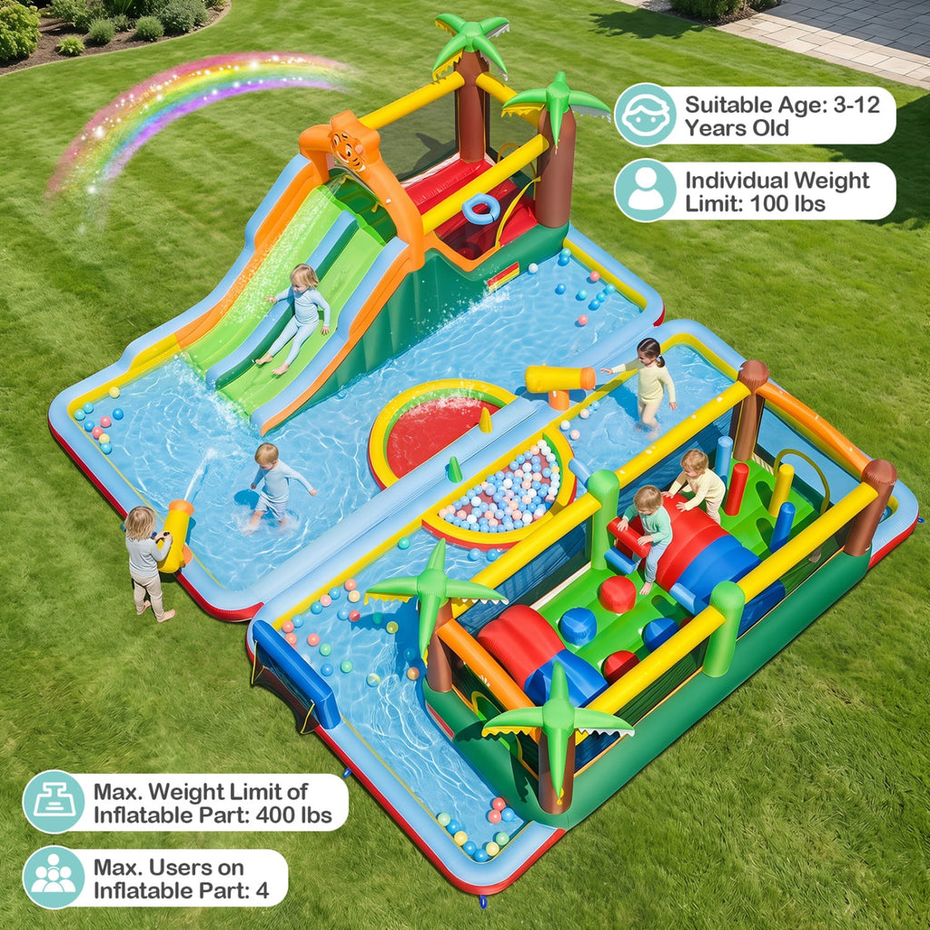 Tropical Two Unit Inflatable Water Park with Obstacle Course, Dual Slides and Two Blowers
