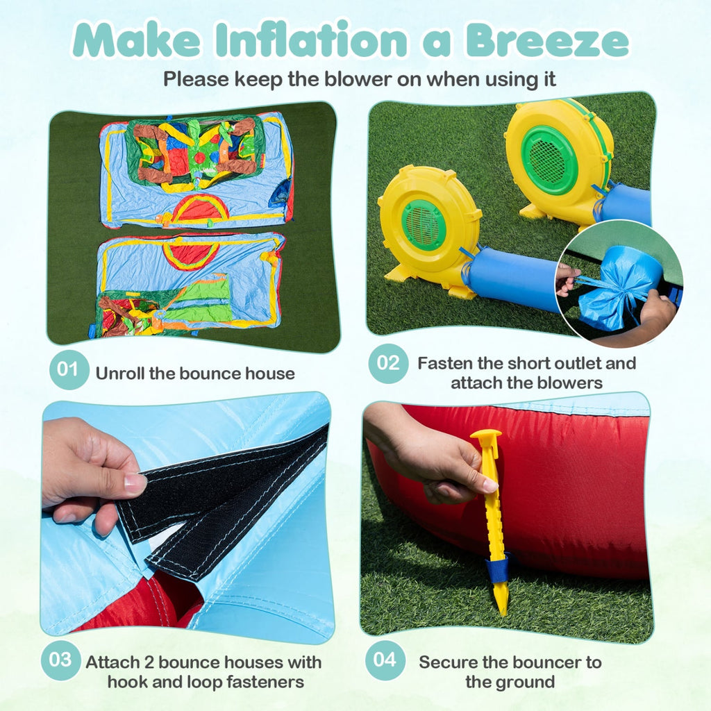 Tropical Two Unit Inflatable Water Park with Obstacle Course, Dual Slides and Two Blowers