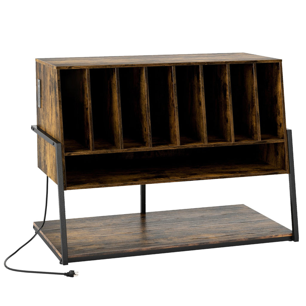 Turntable Stand with Charging Station and Vinyl Storage Shelves-Rustic Brown