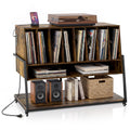 Turntable Stand with Charging Station and Vinyl Storage Shelves-Rustic Brown