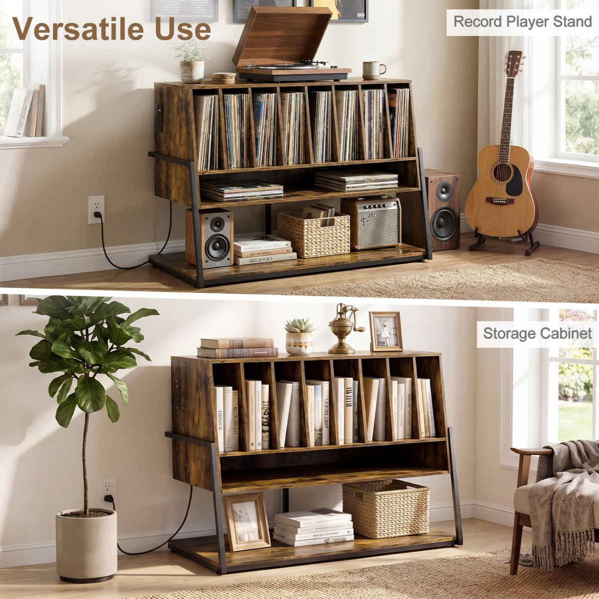 Turntable Stand with Charging Station and Vinyl Storage Shelves-Rustic Brown