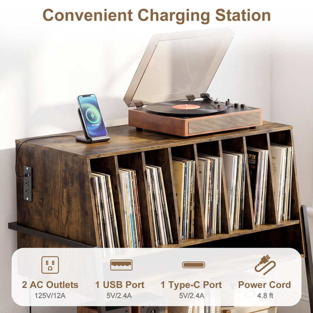 Turntable Stand with Charging Station and Vinyl Storage Shelves-Rustic Brown