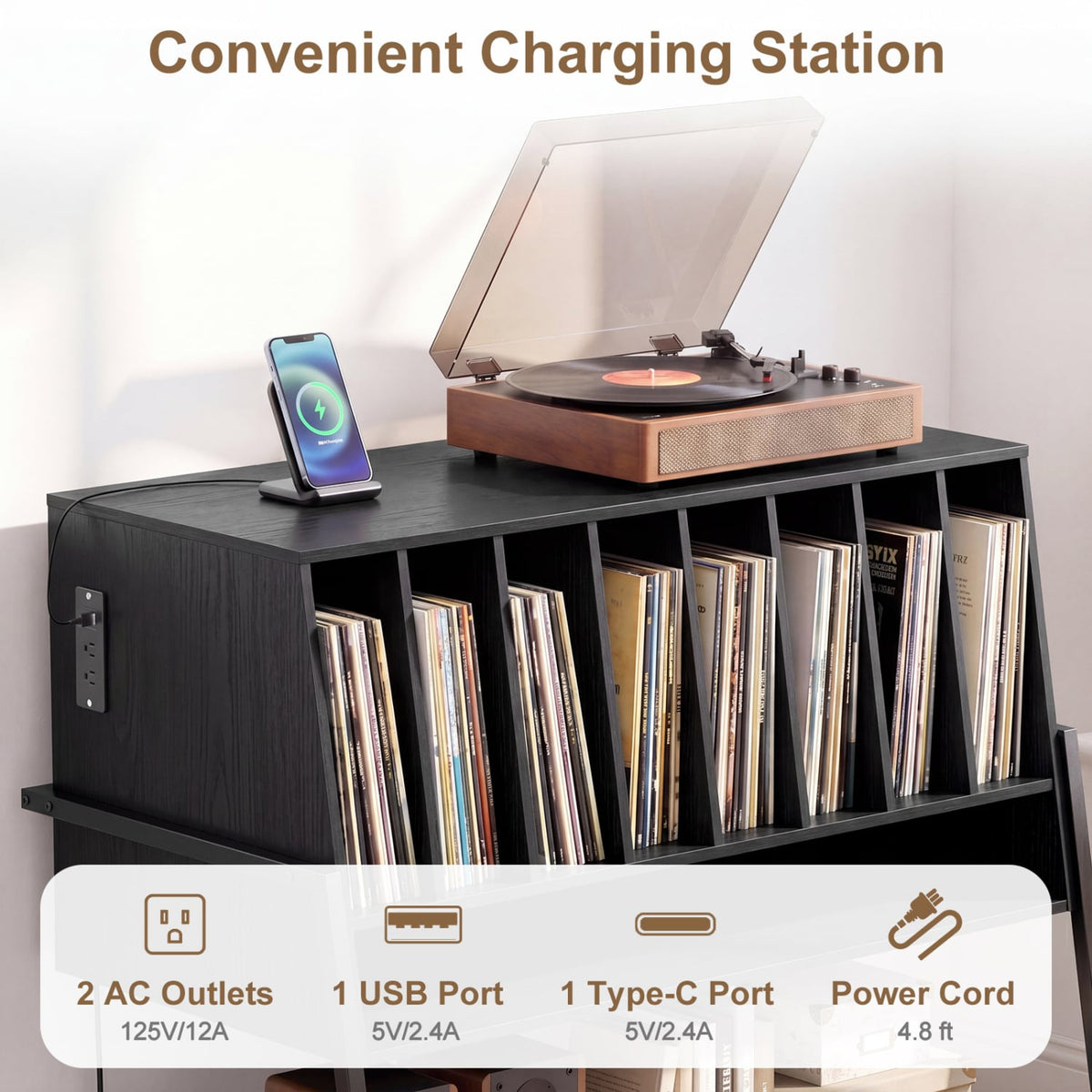 Turntable Stand with Charging Station and Vinyl Storage Shelves-Black