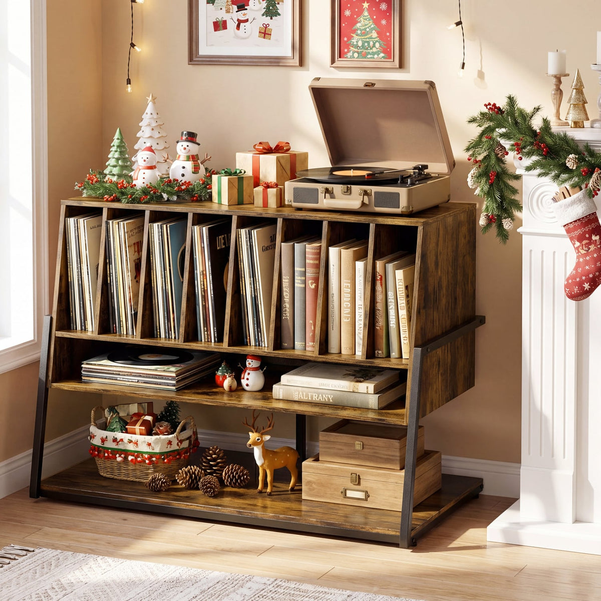 Turntable Stand with Charging Station and Vinyl Storage Shelves-Rustic Brown