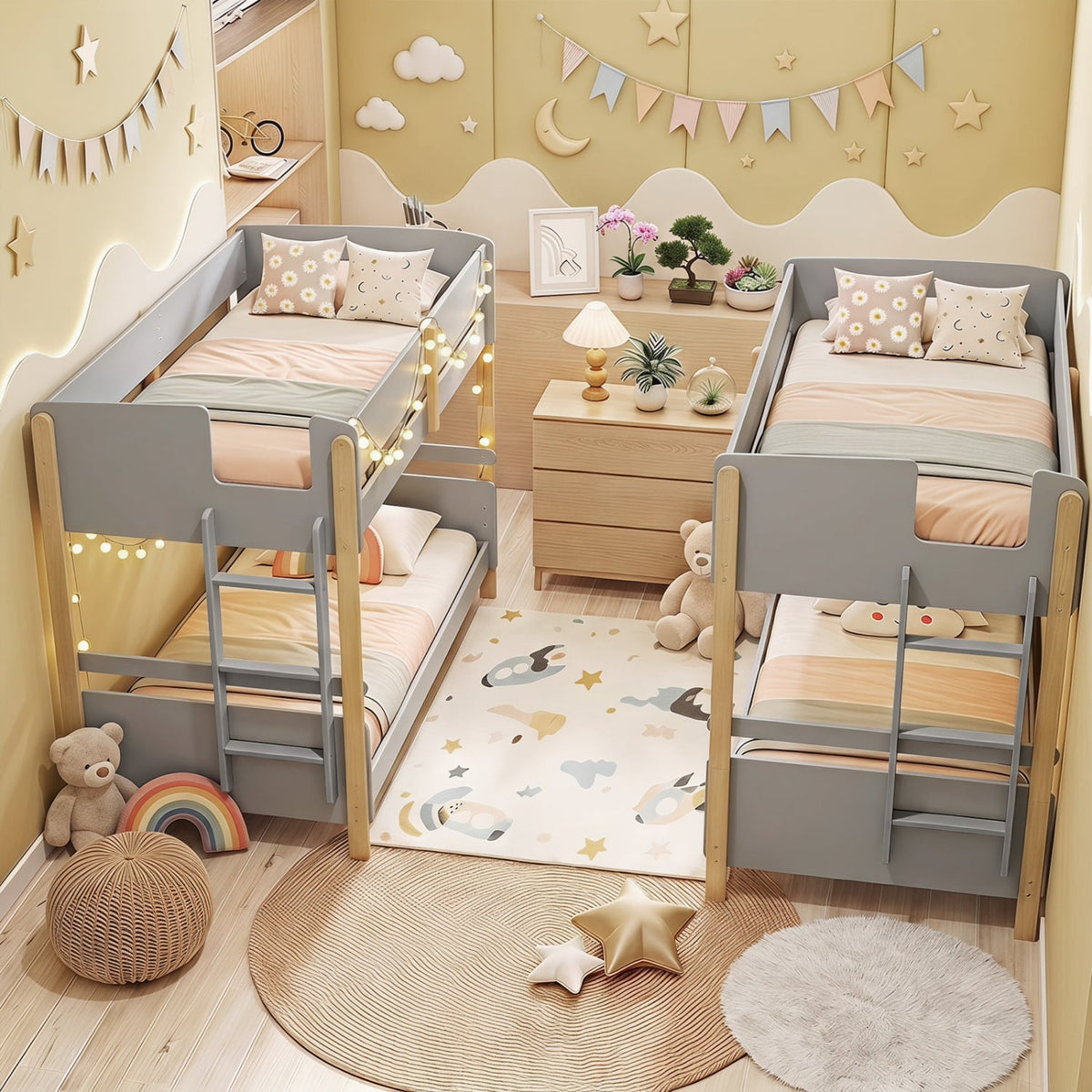 Twin Over Twin Bunk Bed with Ladder Convertible to 2 Twin Beds Toddler Wood Bunk Bed-Grey