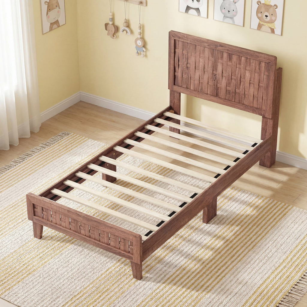 Twin Wood Platform Bed with Woven Pattern Headboard and Footboard