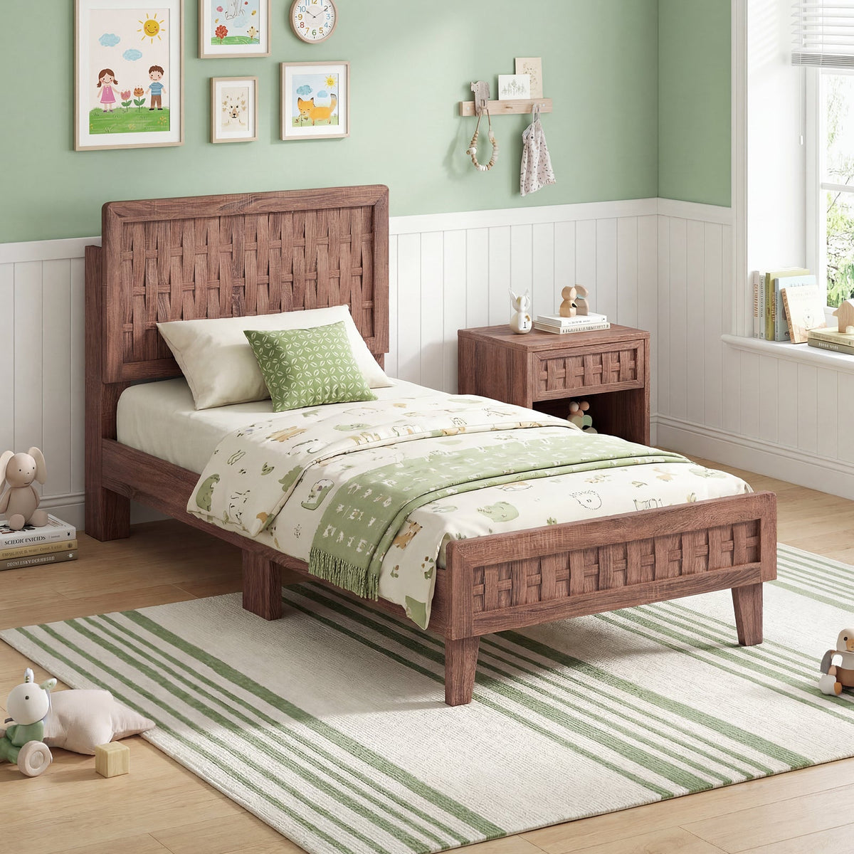 Twin Wood Platform Bed with Woven Pattern Headboard and Footboard