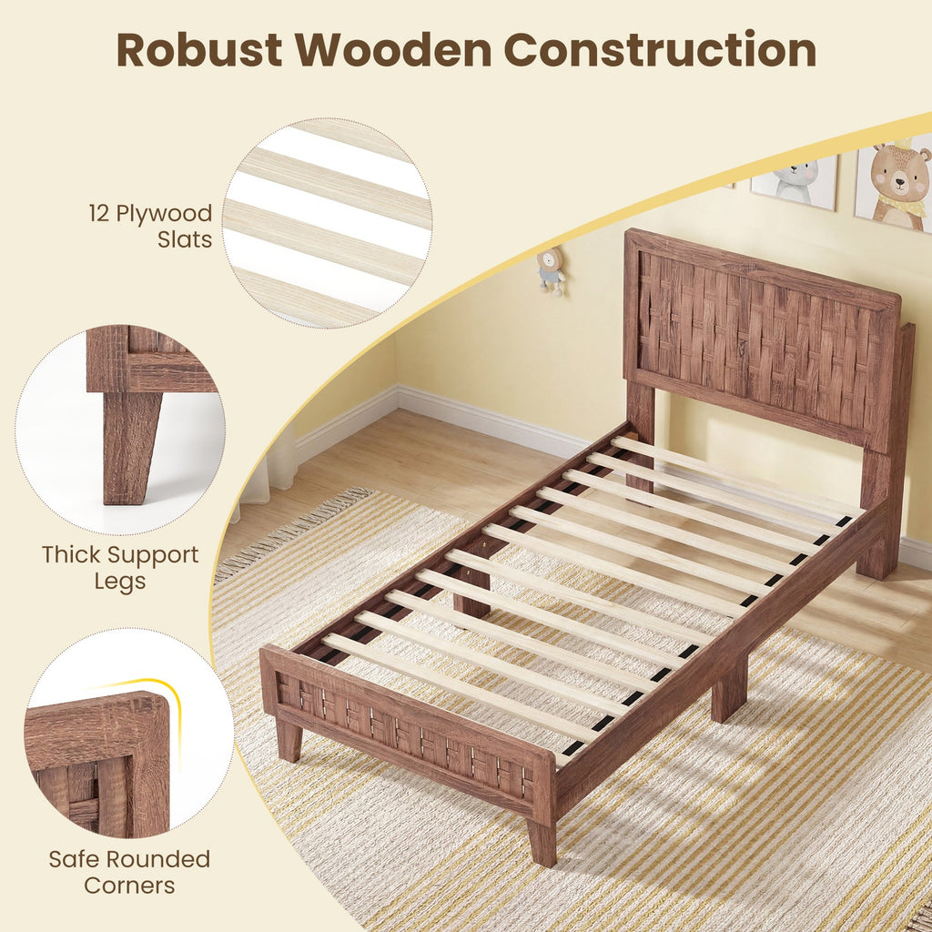 Twin Wood Platform Bed with Woven Pattern Headboard and Footboard