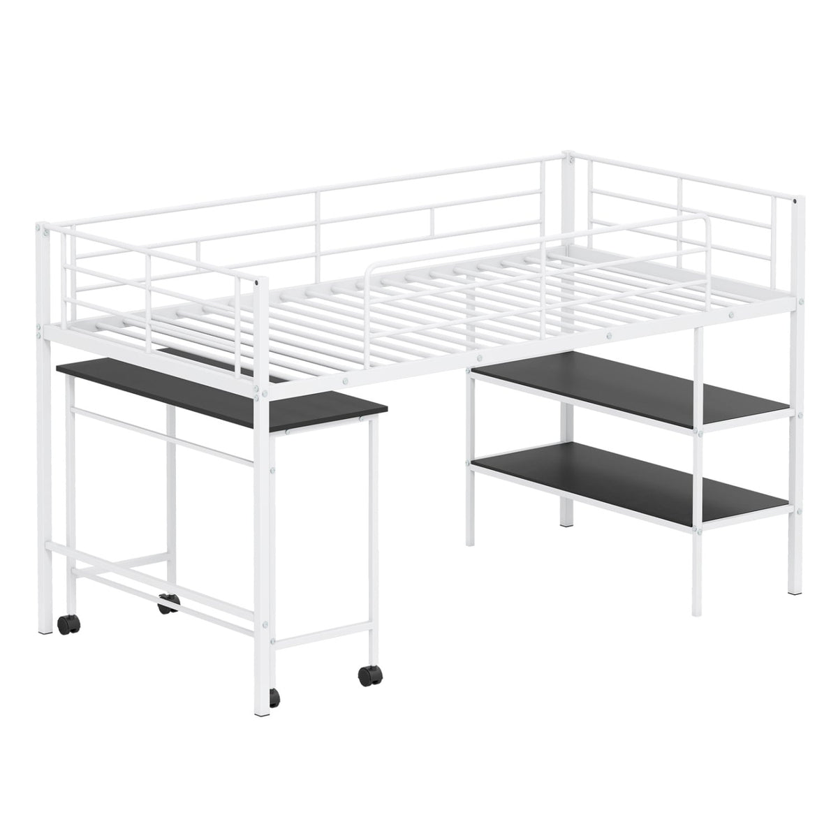 Twin Size Loft Bed with Rolling Desk and Bookshelf Platform Bed Frame-White
