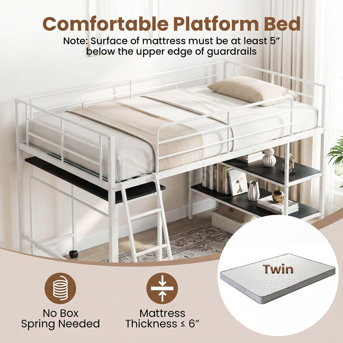 Twin Size Loft Bed with Rolling Desk and Bookshelf Platform Bed Frame-White