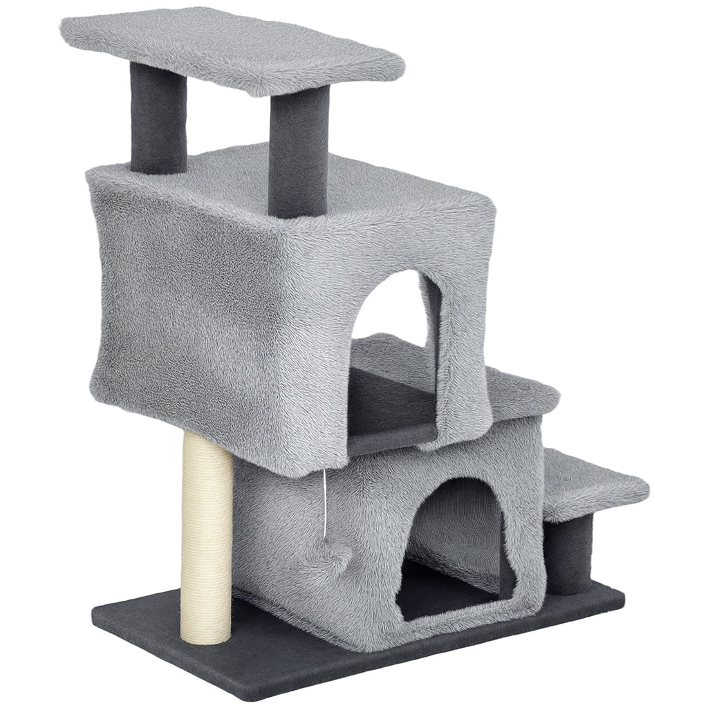 4-Step Pet Stairs, Adjustable Height Cat Stairs with Scratching Posts Cat Condo, Hanging Ball for High Bed, Grey