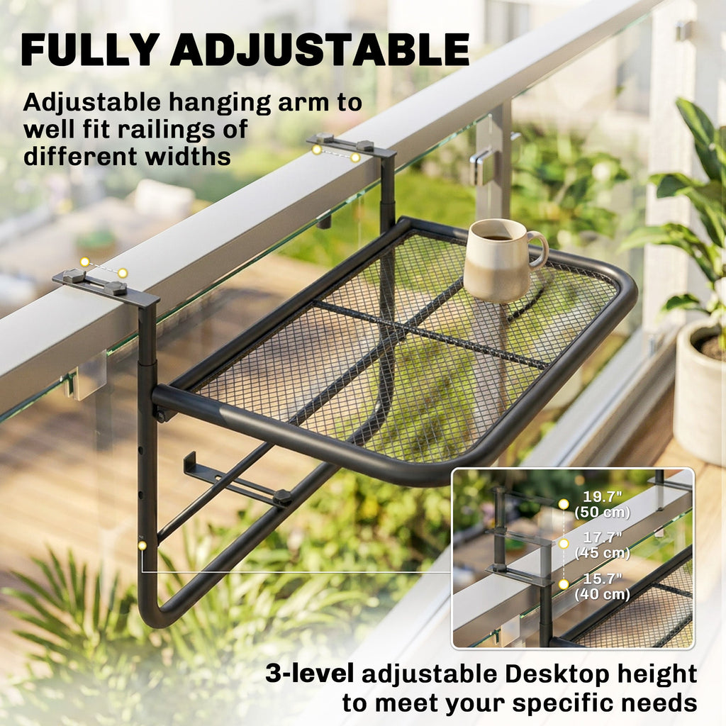 Adjustable Balcony Hanging Railing Table, Metal Mounting Mini Wall Desk Storage Rack, Outdoor Flower Stand Serving Table Rectangle, Black