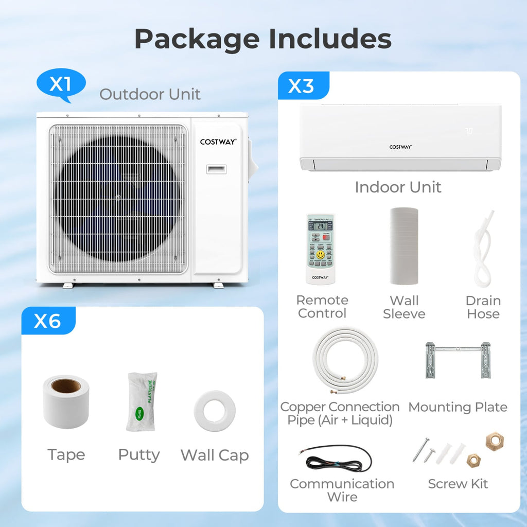 UltrEco 24,000 BTU 3 Zone Mini Split Heat Pump, 23 SEER2, Wifi, 9K + 9K + 9K