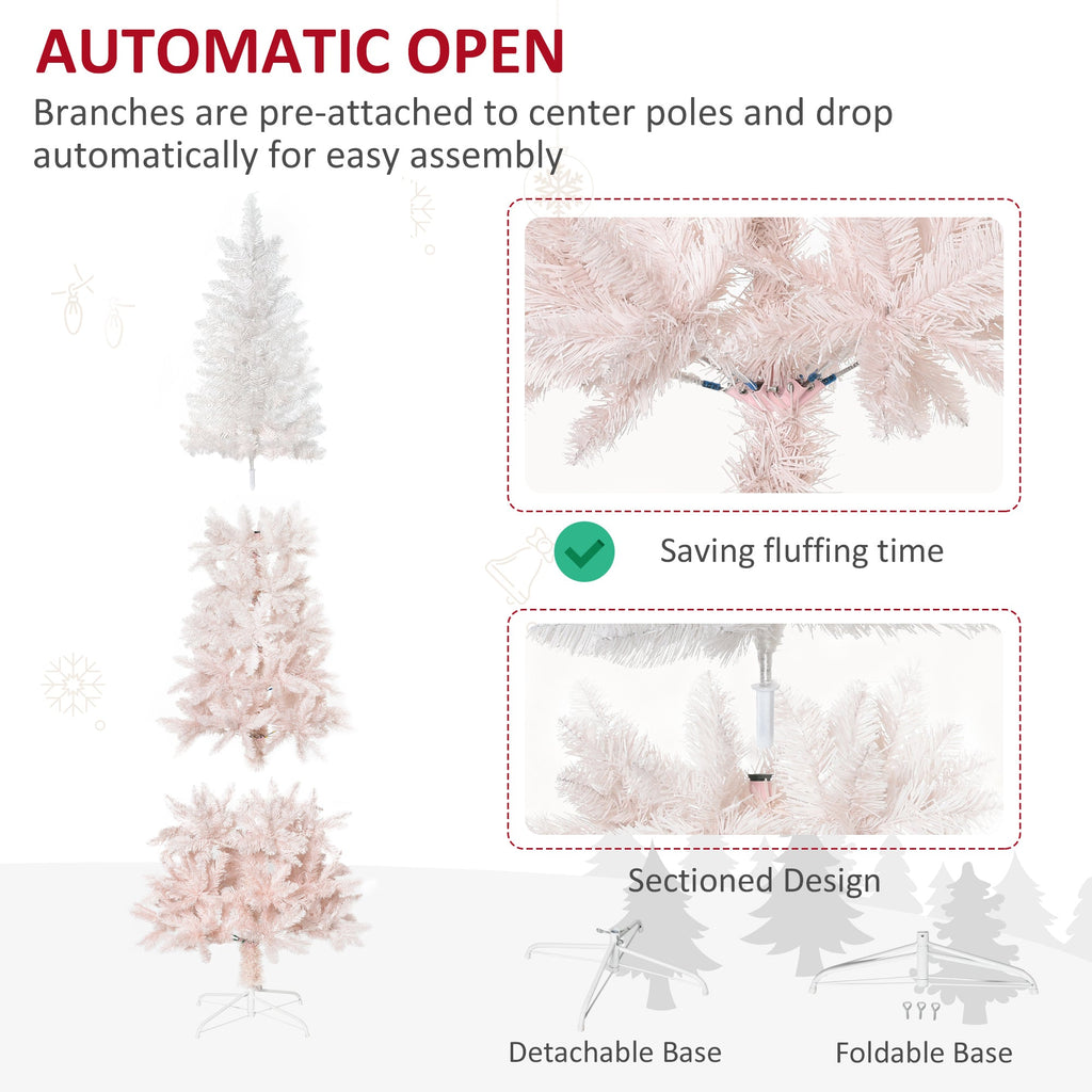 6ft Pencil Artificial Christmas Tree with Pine Realistic Branches, Auto Open, Pink and White