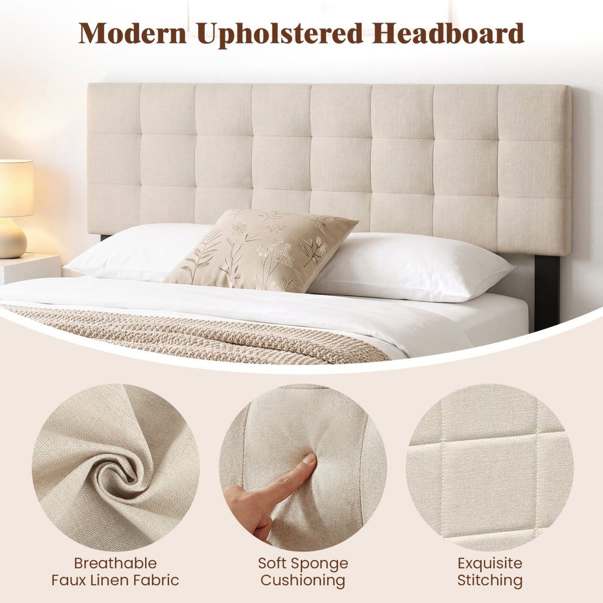 Upholstered Headboard Queen/Full Size Quilted Grid Linen Fabric Bed Frame Mount Panel-Beige