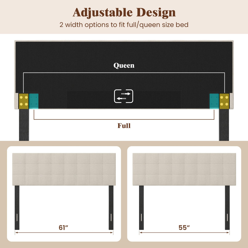 Upholstered Headboard Queen/Full Size Quilted Grid Linen Fabric Bed Frame Mount Panel-Beige