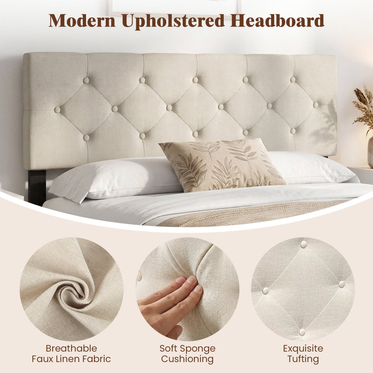 Upholstered Headboard Queen/Full Size Tufted Linen Fabric Bed Frame Mount Panel-Beige