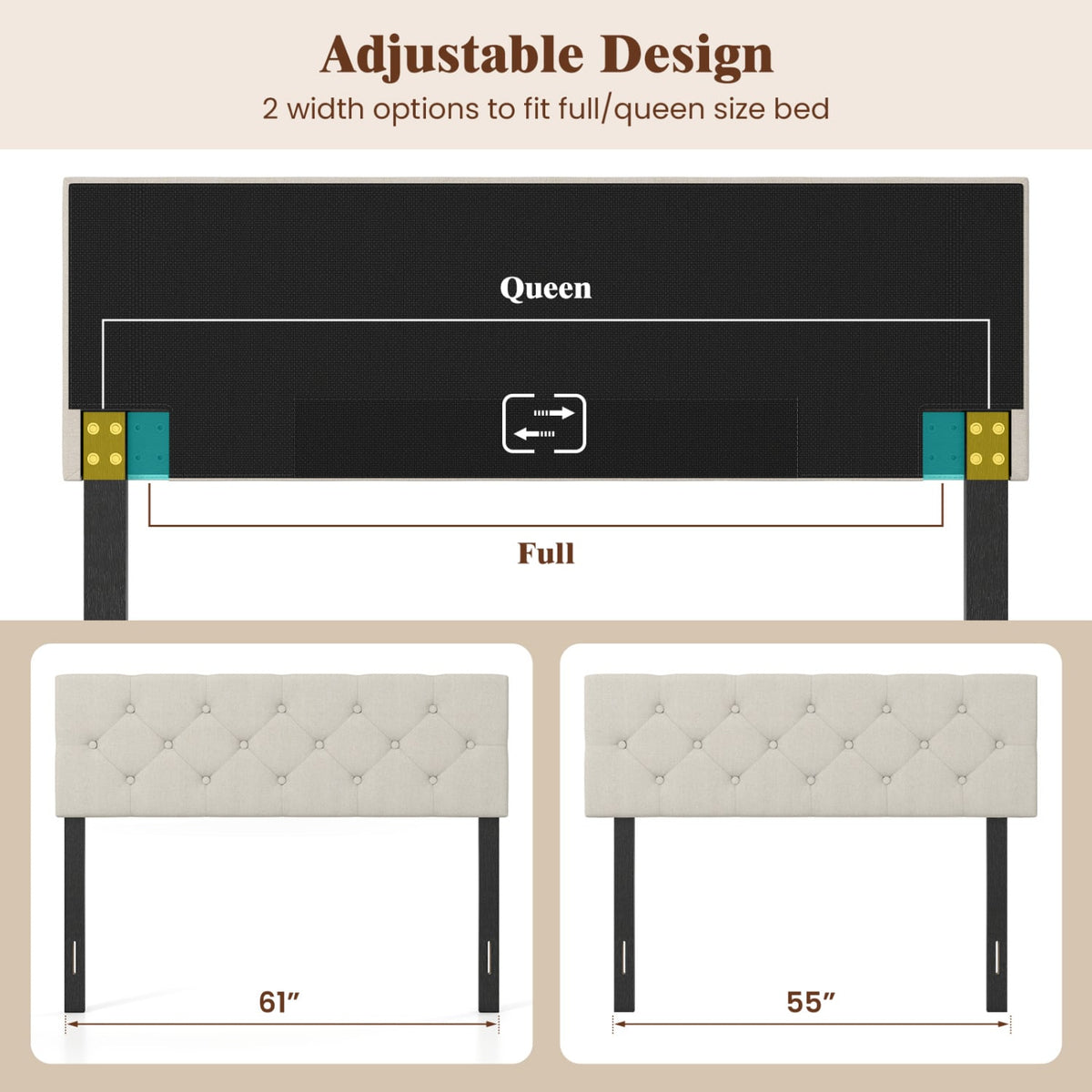 Upholstered Headboard Queen/Full Size Tufted Linen Fabric Bed Frame Mount Panel-Beige