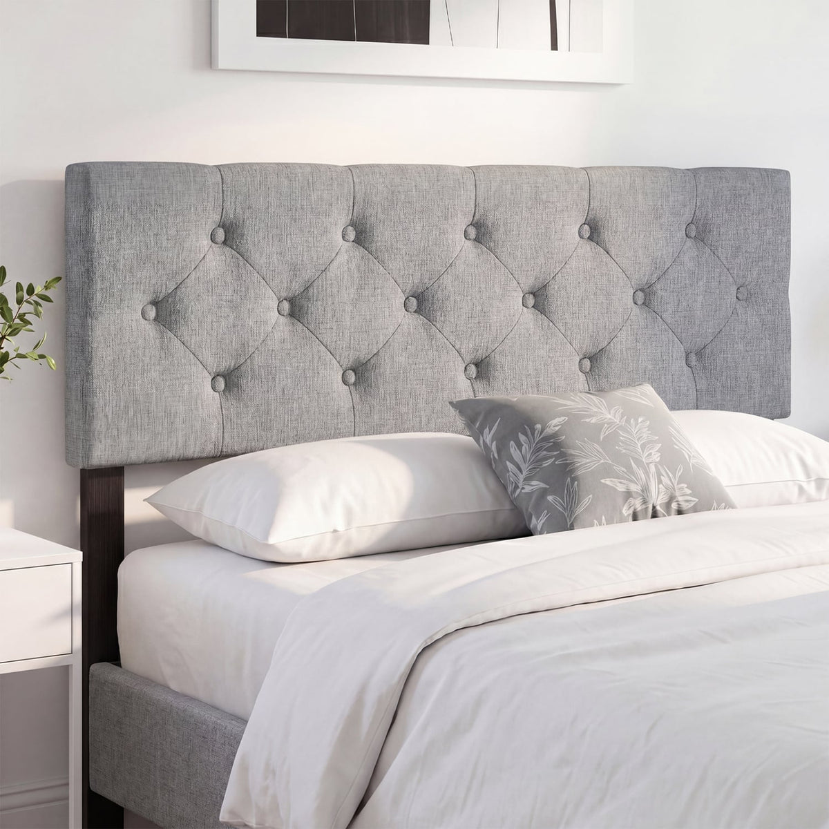 Upholstered Headboard Queen/Full Size Tufted Linen Fabric Bed Frame Mount Panel-Gray