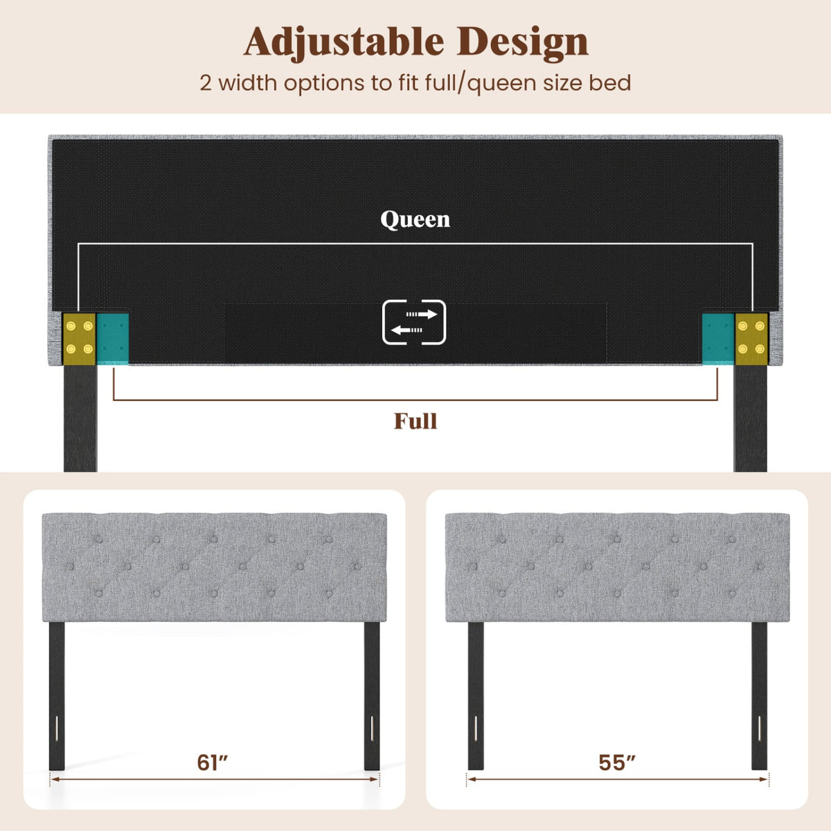 Upholstered Headboard Queen/Full Size Tufted Linen Fabric Bed Frame Mount Panel-Gray