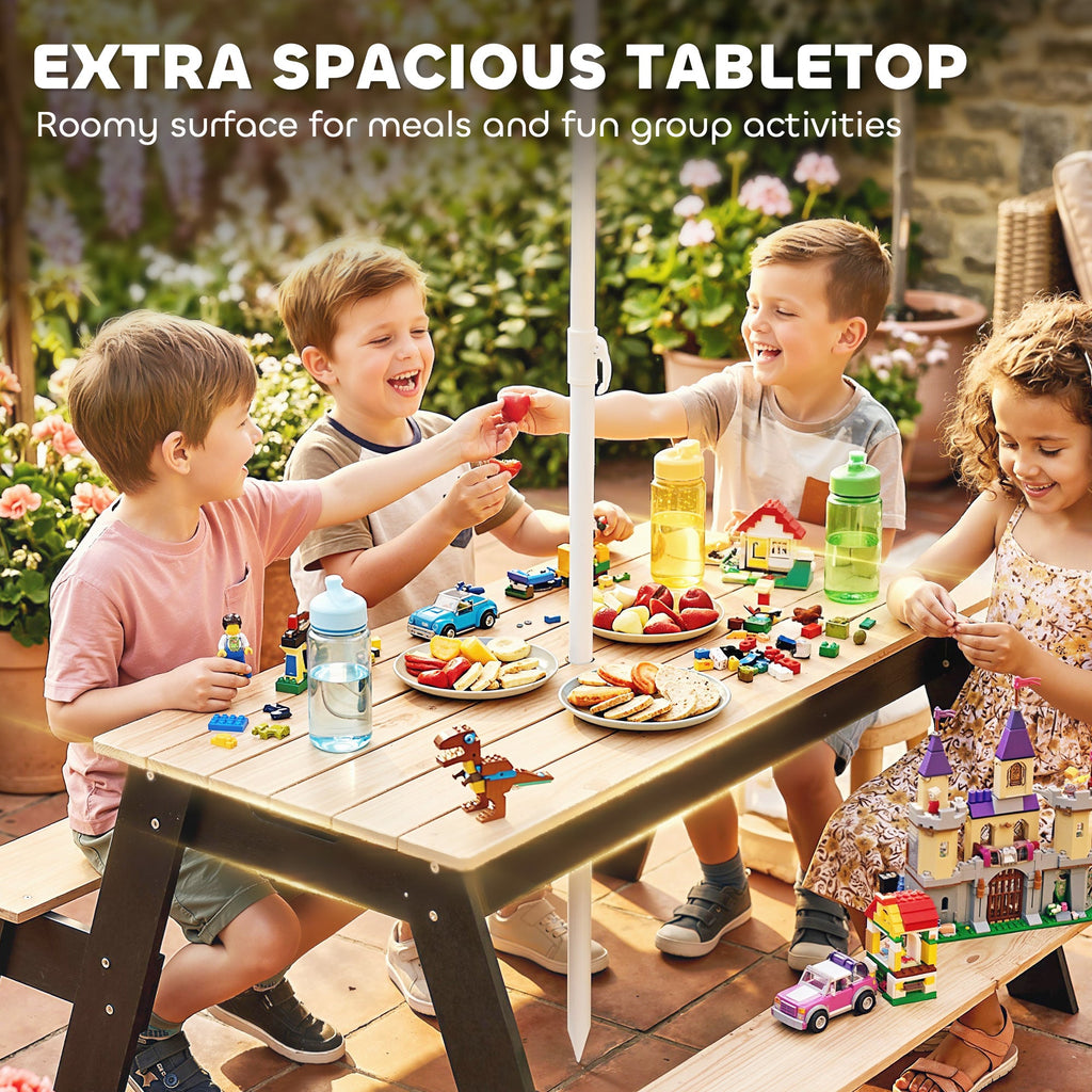 Kids Picnic Table with Umbrella, 3 in 1 Wooden Sand & Water Table with 2 Hidden Play Boxes for Patio, Ages 3-6